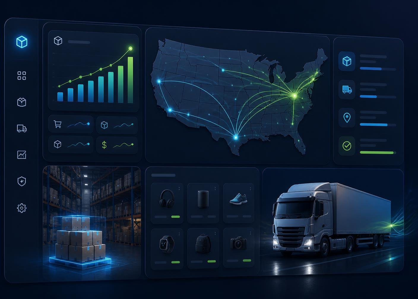 Royal Gulf Clothing Co warehouse dashboard showing US shipping routes, live order analytics, and same-day fulfillment